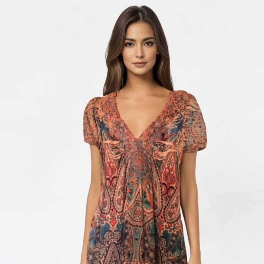 One World One Life to Live multicolor embellished Boho short sleeve Top XL